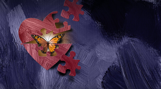 Graphic Abstract Butterfly Emrges From Opening Heart With Puzzle Piece Shapes Background