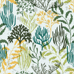 Coral polyps seamless pattern., Tropical coral reef branch silhouette elements.
