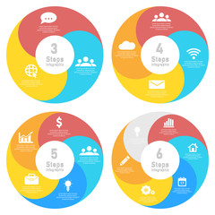 Set template for circle diagram, options, web design, graph and round infographic. Business concept with 3, 4, 5, 6 elements, step, option. Vector illustration.