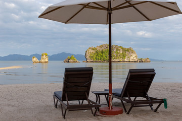 Sun beds at the beach of Langkawi, Malaysia