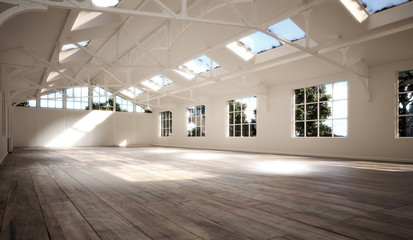 Interior wide loft, beams and wooden floor. 3d render