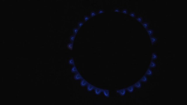 Slow Motion - Blue Flame Gas Burning From A Kitchen Cooker Stove Hob, Cooking Ring Top From Above Black Isolated Background