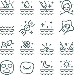 Skin Care Vector Line Icon Set. Contains such Icons as Moisturizing, Face Mask, Dermatology, Collagen, Skin Care and more. Expanded Stroke