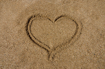 Fototapeta na wymiar heart drawn on the sand. View from above.