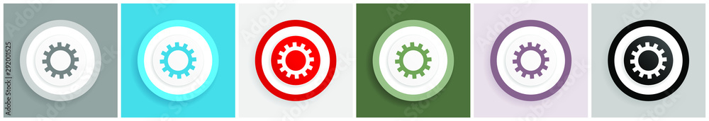 Poster gear icon set, colorful flat design vector illustrations in 6 options for web design and mobile appl