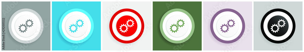 Poster Gears icon set, colorful flat design vector illustrations in 6 options for web design and mobile applications