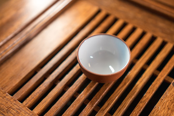 Chinese tea service on a wooden bamboo table