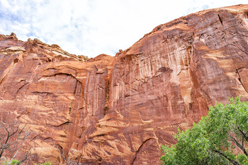 Red rock formations landscape cliff in summer in Fruita, Capitol Reef National Monument in Utah