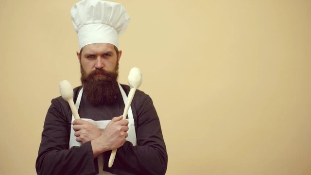 Bearded crazy Chef cook make funny face. Funny cooking. Chef cook ready to cooking.