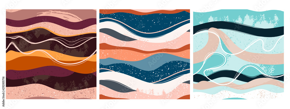 Canvas Prints set of three hand drawn abstract contemporary seamless patterns. smooth lines. stone texture. modern