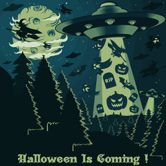 Unique and Trendy Halloween Banner or Poster with The Arrival of Aliens Carrying Halloween. Unique and Trendy Banner or Poster Background For Your Unique Design.