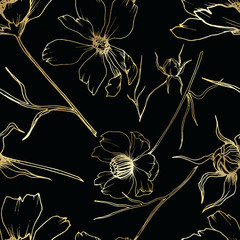 Vector Cosmos floral botanical flowers. Black and white engraved ink art. Seamless background pattern.