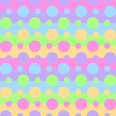 Seamless pattern of vibrant rainbow colors on stripes and circles. Wallpaper of baby pastel print for clothes, pajamas, notebooks or wrapping paper.