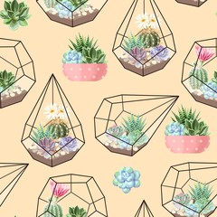 High detail succulent and cactus seamless pattern