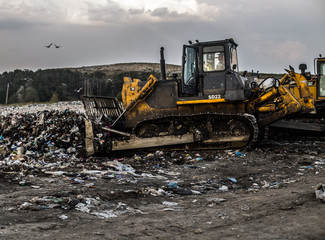 Kiev / Ukraine 15.September 2019 On photo garbage truck on Garbage landfill number 5
