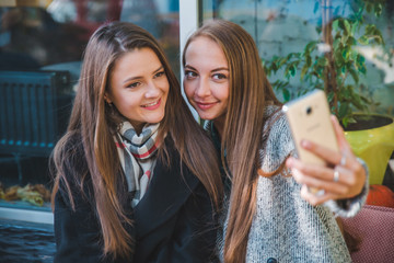 two pretty woman met in cafe taking selfie