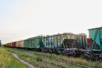 Colorful railway freight wagons in perspective at golden hours.