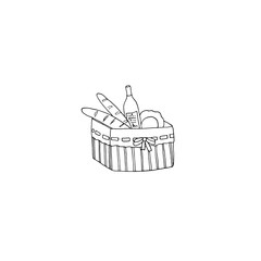 Hand drawn vector simple contour illustration, basket with bread and wine