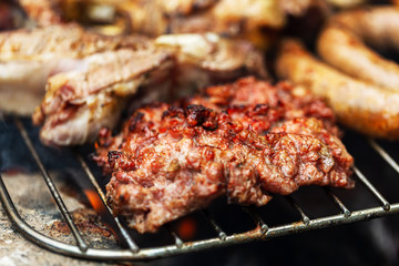Barbeque grill mixed meat cooking on open air