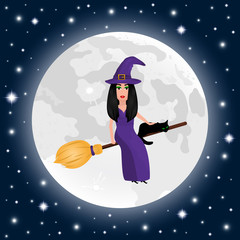 Happy Halloween on a moonlight background witch with a cat in a dark twilight night
