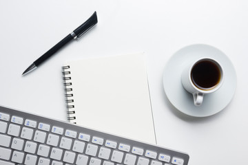 Office desk table with supplies. Flat lay Business workplace and objects. Top view. Copy space for text