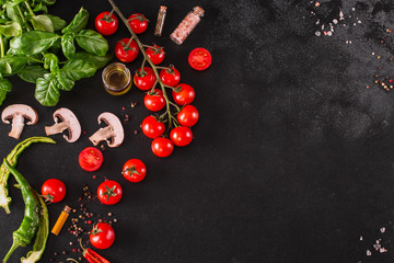 tomatoes cherry, red and ripe fruits (harvest) menu concept. food background. copy space. Top view