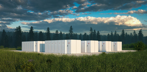 Eco friendly battery energy storage system in nature with misty forest in background and fresh grassland in foreground. 3d rendering. - obrazy, fototapety, plakaty