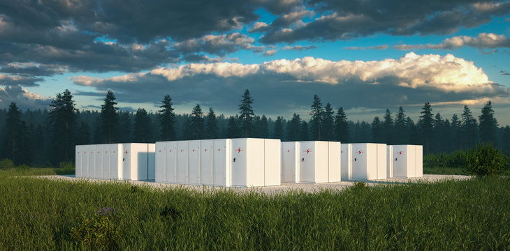 Eco friendly battery energy storage system in nature with misty forest in background and fresh grassland in foreground. 3d rendering.