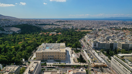 Fototapeta na wymiar Greek Parliament building view in centre of Athens, Syntagma square, Attica, Greece