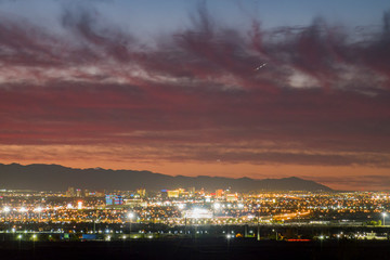 Aerial sunset high angle view of the downtown Las Vegas Strip