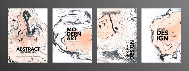 Set of creative vector marble cards. Hand Drawn textures made with special ink. Ochre, black and white marble background.