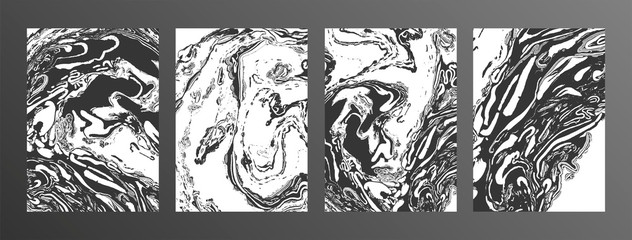 Monochrome ink vector textures backgrounds set. Abstract marble paint backdrop. Paint mixing, fluid art.
