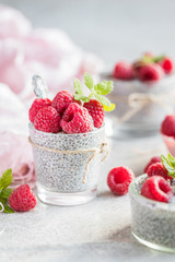 Healthy chia pudding with fresh raspberries