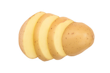 Young slice potato isolated on white background. Harvest new. Top view. Flat lay