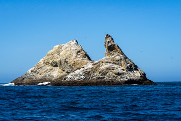 White and yellow rock sticking out of the wild and wavy ocean like a devil's tooth at the Farallon islands, with a howling face shaped like a monster. 