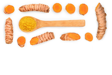 Turmeric powder and turmeric root isolated on white background. Top view. Flat lay