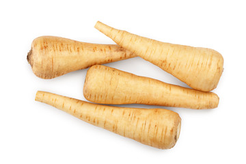 Parsnip root isolated on white background closeup. Top view. Flat lay.