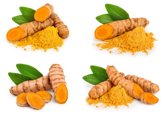 Set or collection turmeric powder and turmeric root isolated on white background with copy space...