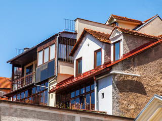 Ljubljana, Slovenia, August 5, 2019. Fragment of the facade of the building in the style of modern in the historical center of the city.