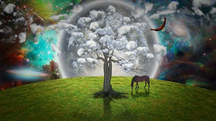  Peaceful Landscape. Horse grazes near clouds tree, eagle flies in vivid sky © rolffimages