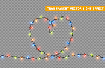 Christmas lights. Xmas glowing lights. Set lights Garlands isolated realistic design elements. Christmas decorations. Holiday Led neon lamp. New Year's festive decor. Vector illustration.