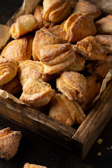 Cottage cheese cookies, biscuit triangles, delicious lunch. Children's healthy food, sweet dessert with tea,  milk