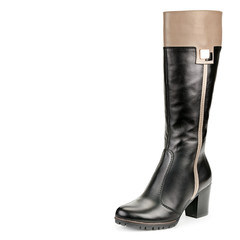Ladies boot isolated on white background. Comfortable modern shoes. Free space for text.