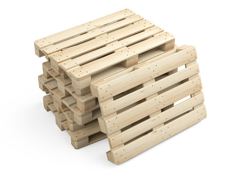 A pile stack of new wooden pallets. Side view.