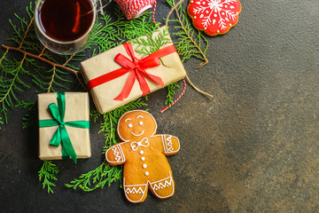 gingerbread cookies, christmas atmosphere (new year holiday, sweets) menu concept. food background. copy space. Top view