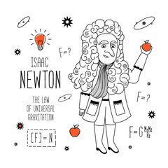  Isaac Newton. Vector illustration. Cartoon illustration of Isaac Newton. Law of gravity.