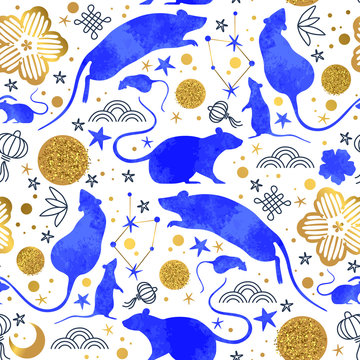 Chinese new year blue watercolor rat background