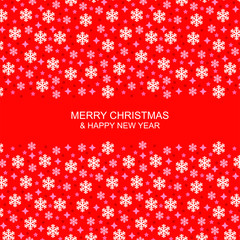 Vector illustrations of Christmas greeting card with snowflakes and confetti on red background