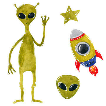 Space clipart set, alien with rocket ship, hand drawn watercolor illustration isolated on white.
