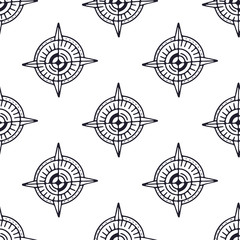Compass seamless pattern in black and white colors. Minimalistic textile design. Nautical repeating pattern with compasses.
